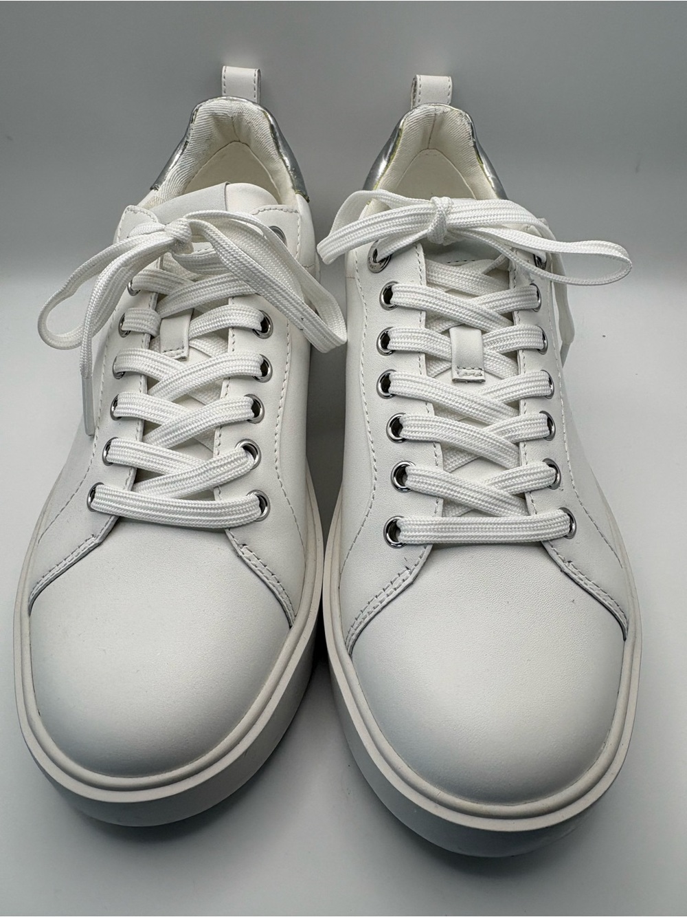 Michael Kors White Low-Top Leather Sneakers with Shiny Silver Tone Heel Accent